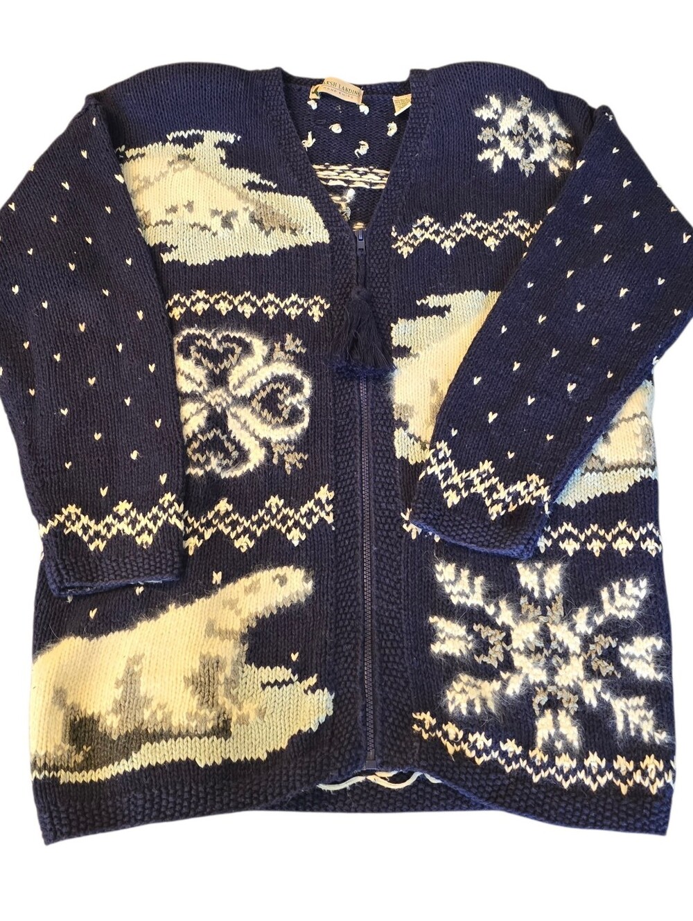 Vintage Marsh Landing Hand Knit Zip Up Blue and White Sweater Polar Bear L READ
